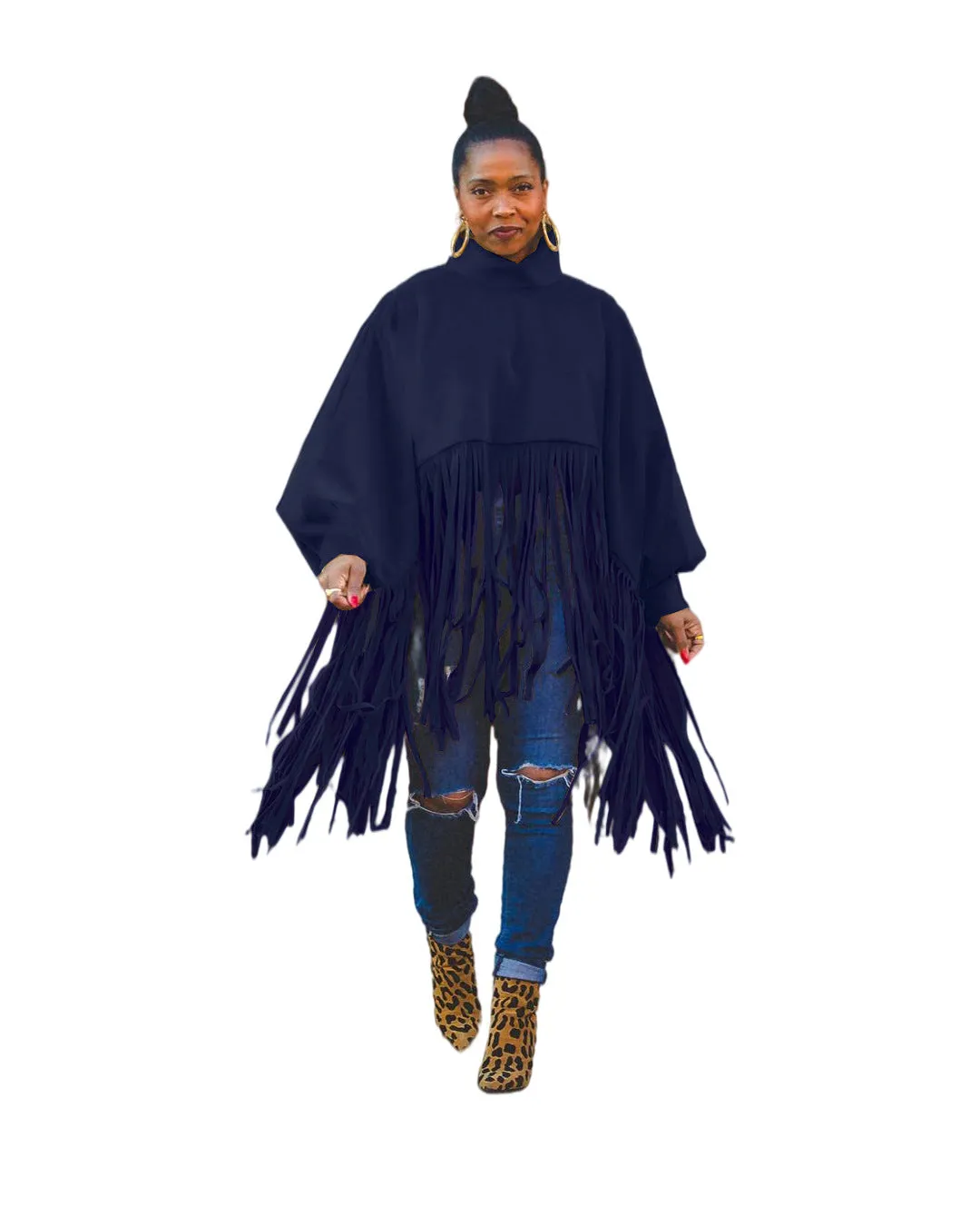 2023 Fashion solid color Woolen long sleeved fringed plus size women's coats top coat