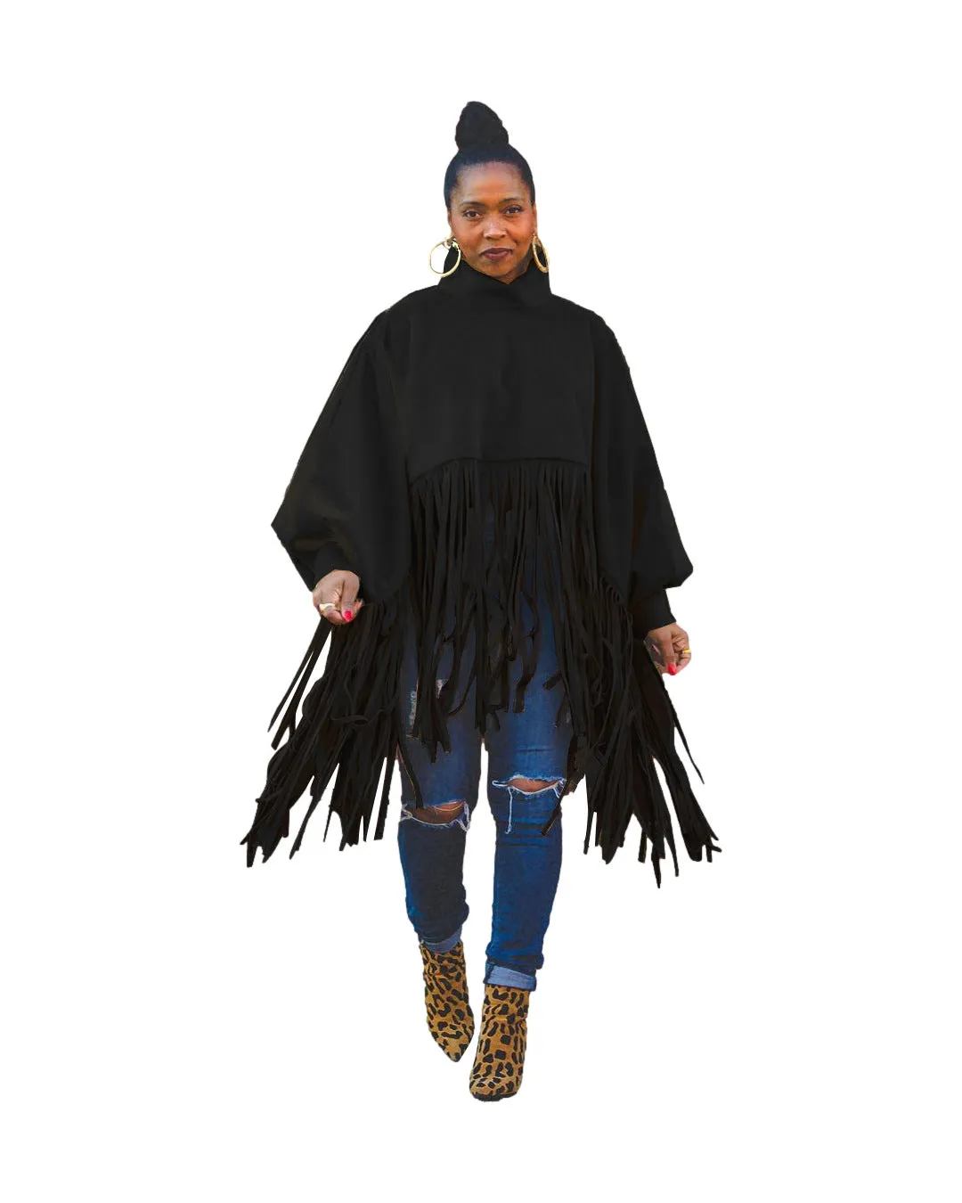 2023 Fashion solid color Woolen long sleeved fringed plus size women's coats top coat