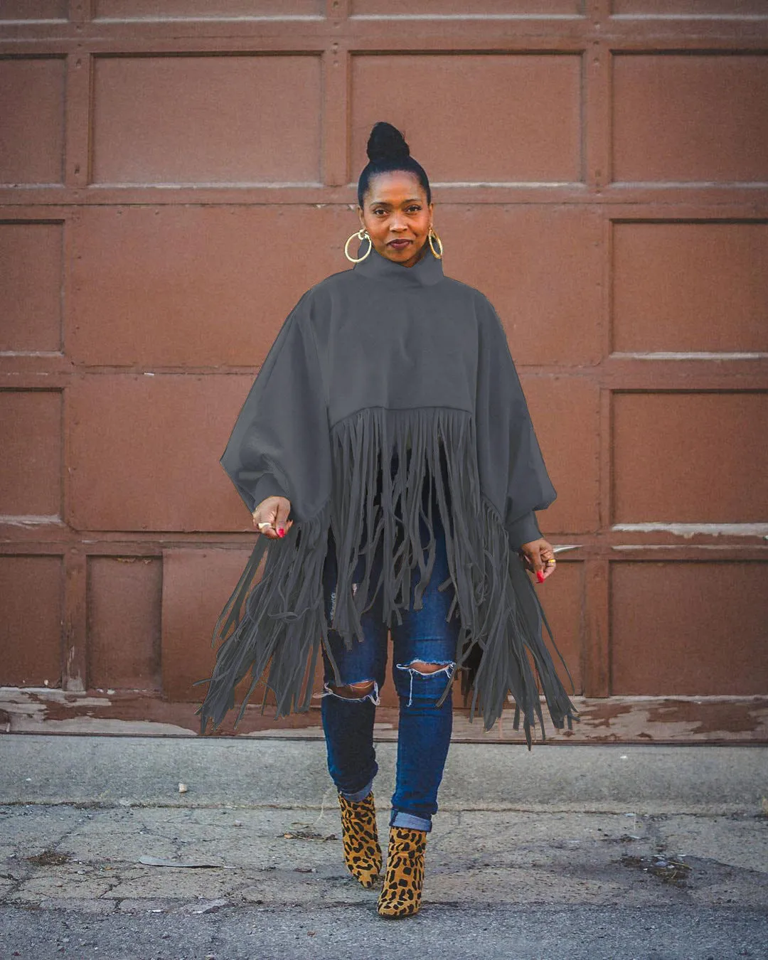 2023 Fashion solid color Woolen long sleeved fringed plus size women's coats top coat