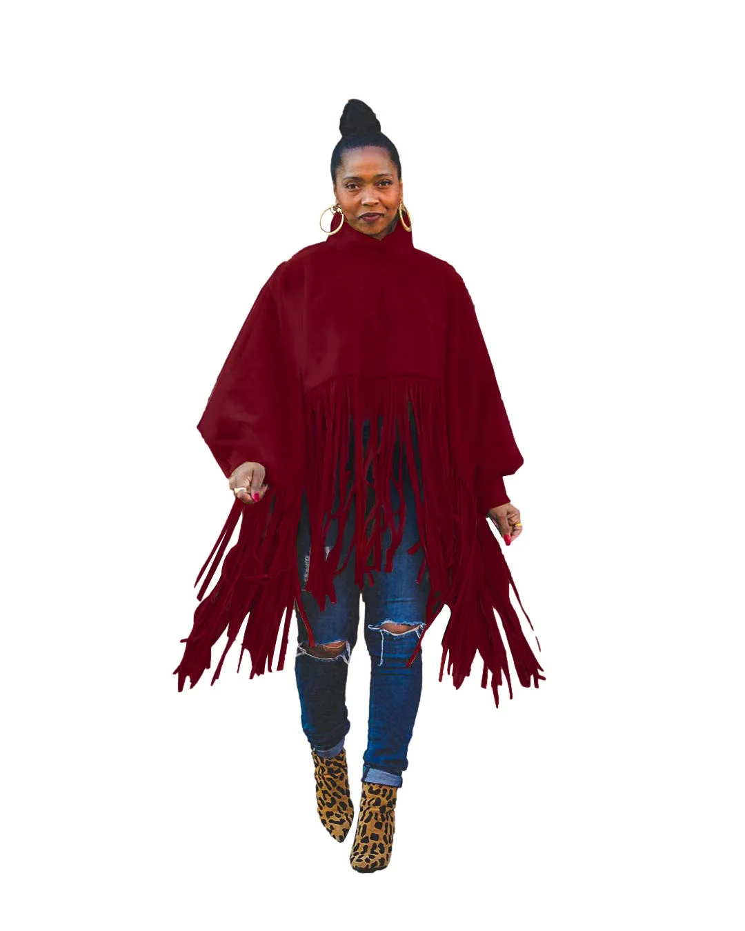 2023 Fashion solid color Woolen long sleeved fringed plus size women's coats top coat