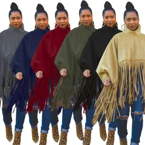 2023 Fashion solid color Woolen long sleeved fringed plus size women's coats top coat