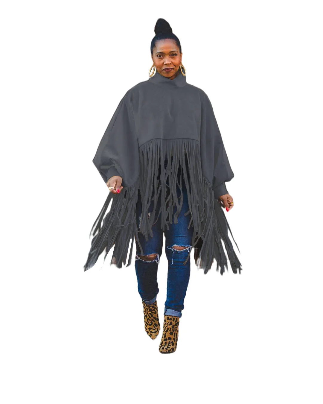 2023 Fashion solid color Woolen long sleeved fringed plus size women's coats top coat