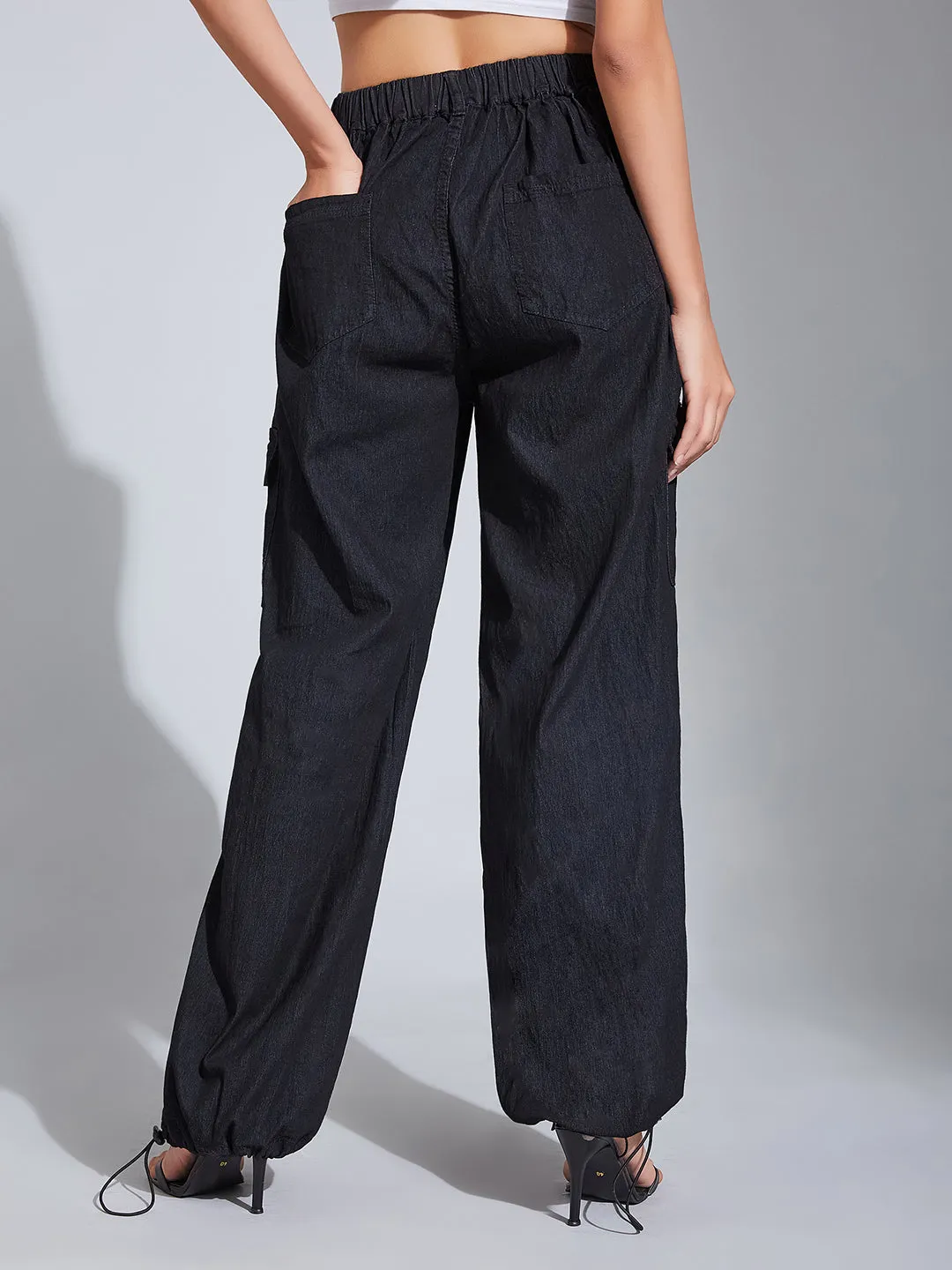 24/7 comfort Women's Black High-Rise Stretchable Light Weight Denim Cargo Parachute Pants
