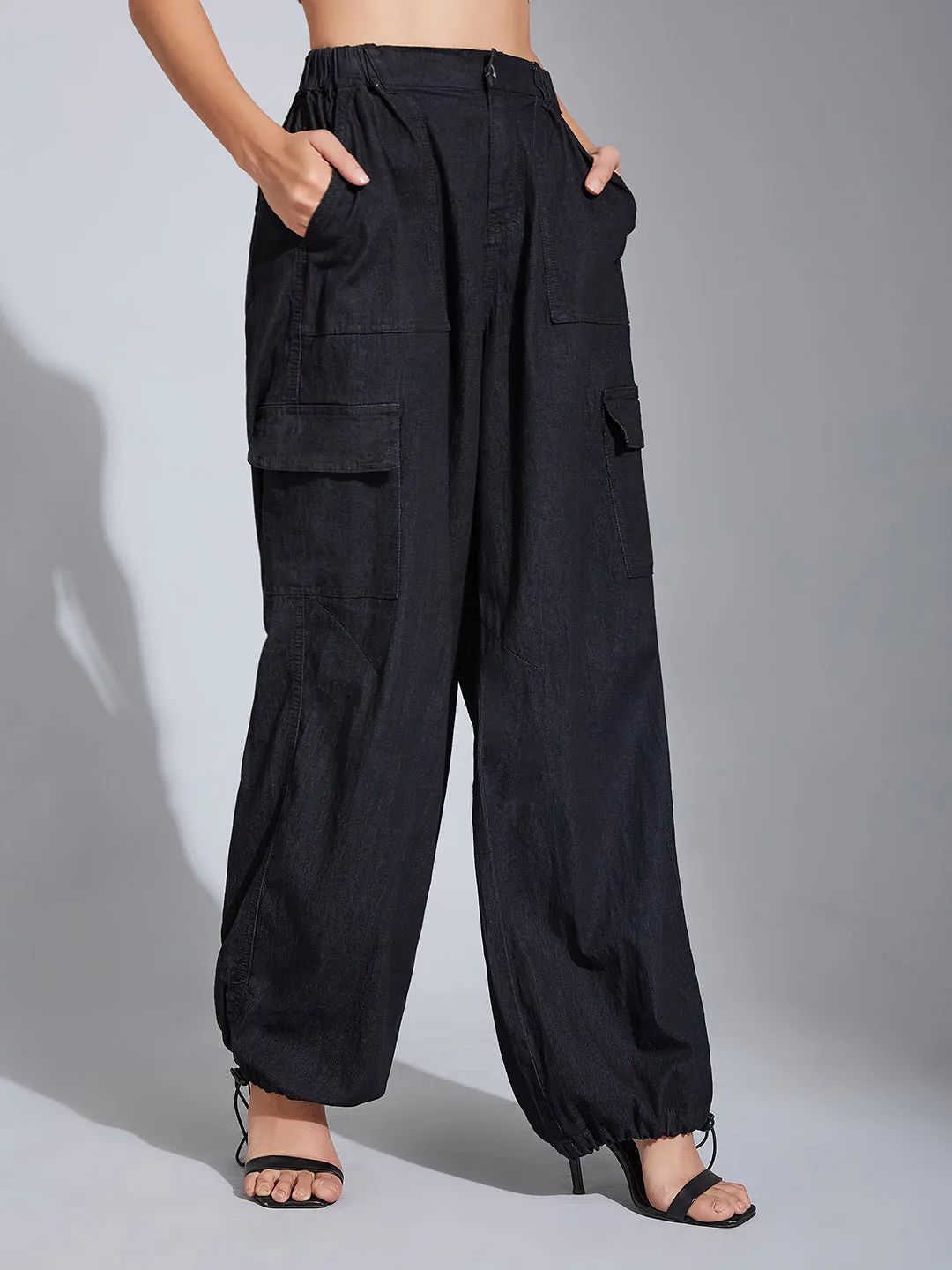 24/7 comfort Women's Black High-Rise Stretchable Light Weight Denim Cargo Parachute Pants