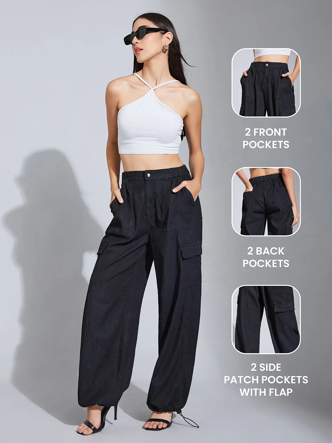 24/7 comfort Women's Black High-Rise Stretchable Light Weight Denim Cargo Parachute Pants