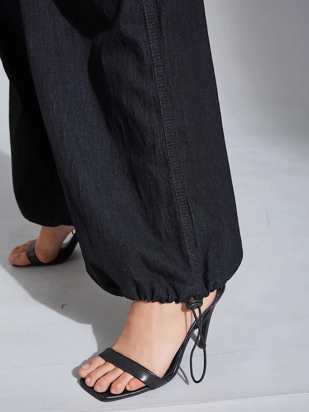 24/7 comfort Women's Black High-Rise Stretchable Light Weight Denim Cargo Parachute Pants