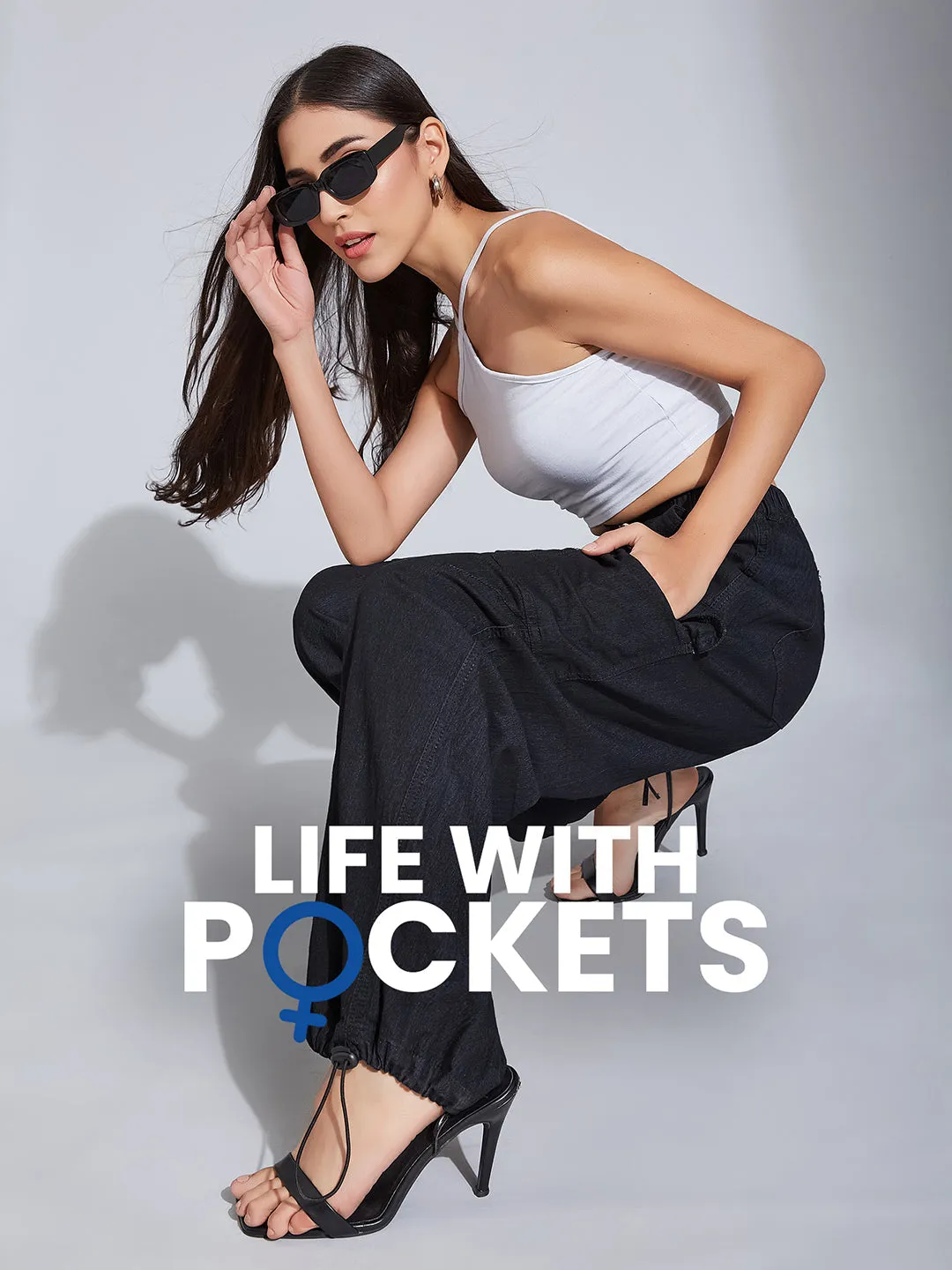 24/7 comfort Women's Black High-Rise Stretchable Light Weight Denim Cargo Parachute Pants