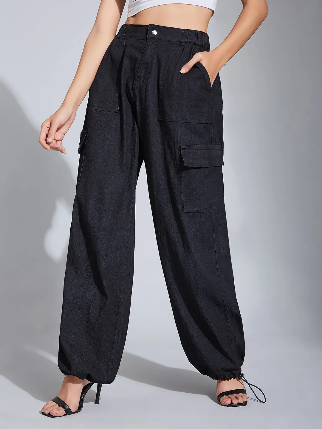24/7 comfort Women's Black High-Rise Stretchable Light Weight Denim Cargo Parachute Pants