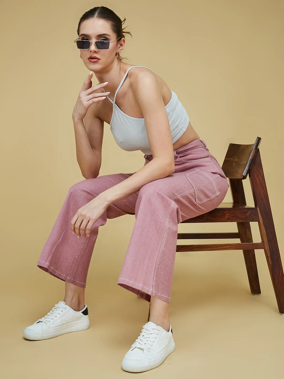 24/7 Comfort Women's Dusty Pink Wide-Leg High Rise Clean Look Regular-Length Stretchable Denim Pants