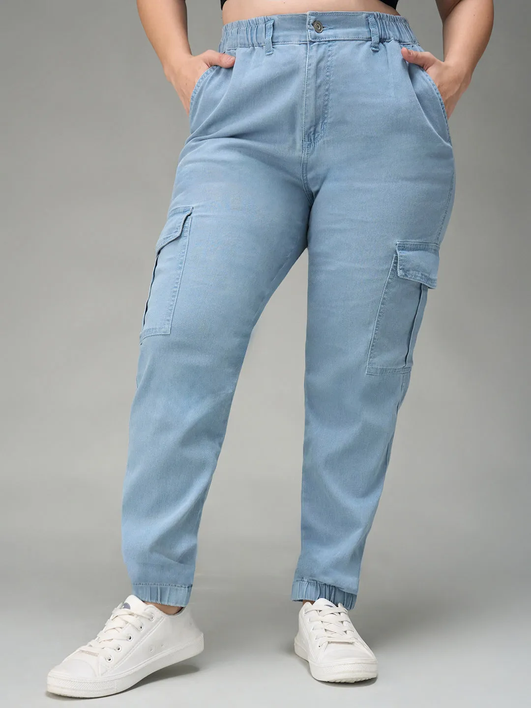 24/7 Comfort Women's Light Blue High Rise Stretchable Light Weight Denim Joggers
