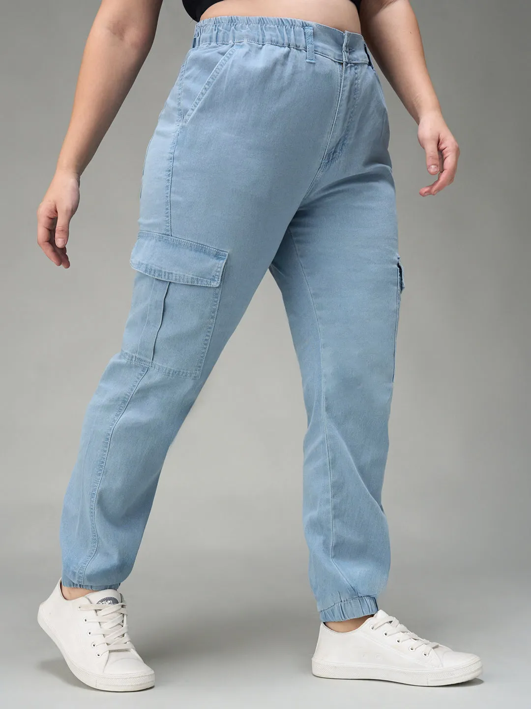 24/7 Comfort Women's Light Blue High Rise Stretchable Light Weight Denim Joggers