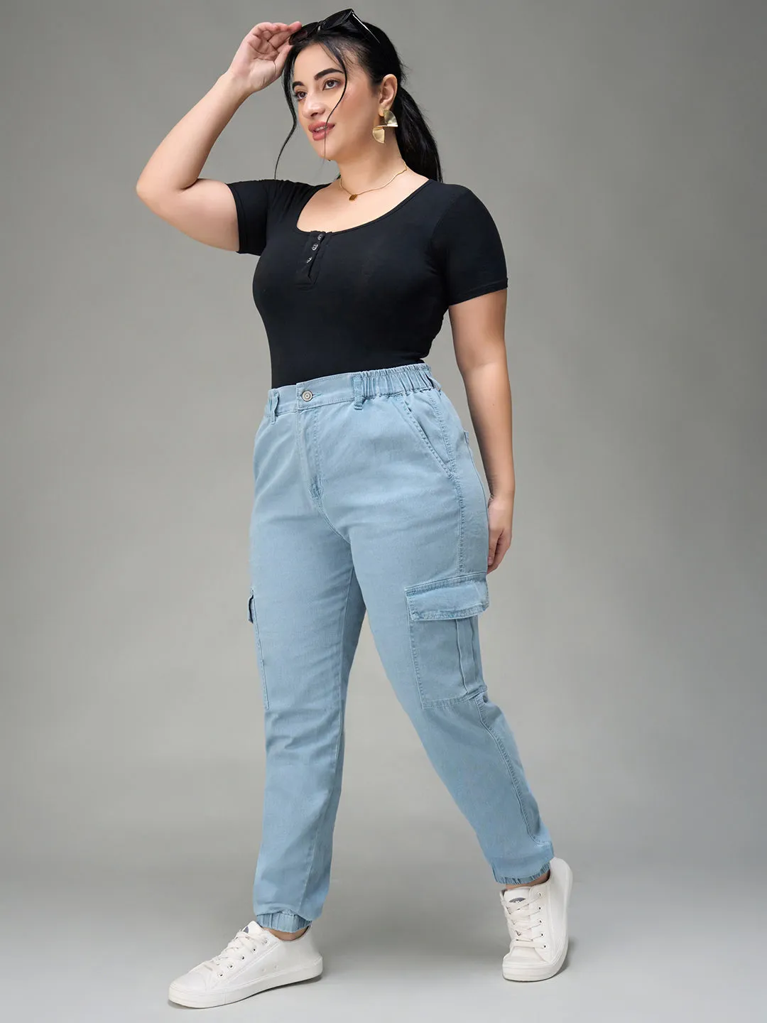 24/7 Comfort Women's Light Blue High Rise Stretchable Light Weight Denim Joggers
