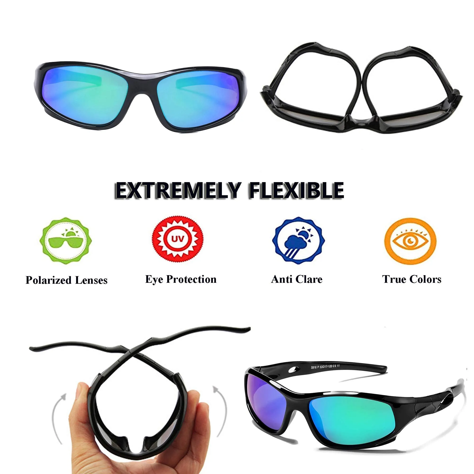 AODUOKE Sports Polarized KIDS Sunglasses For Boys Girls Children Youth Sunglasses With Adjustable Strap Black | Green Lens