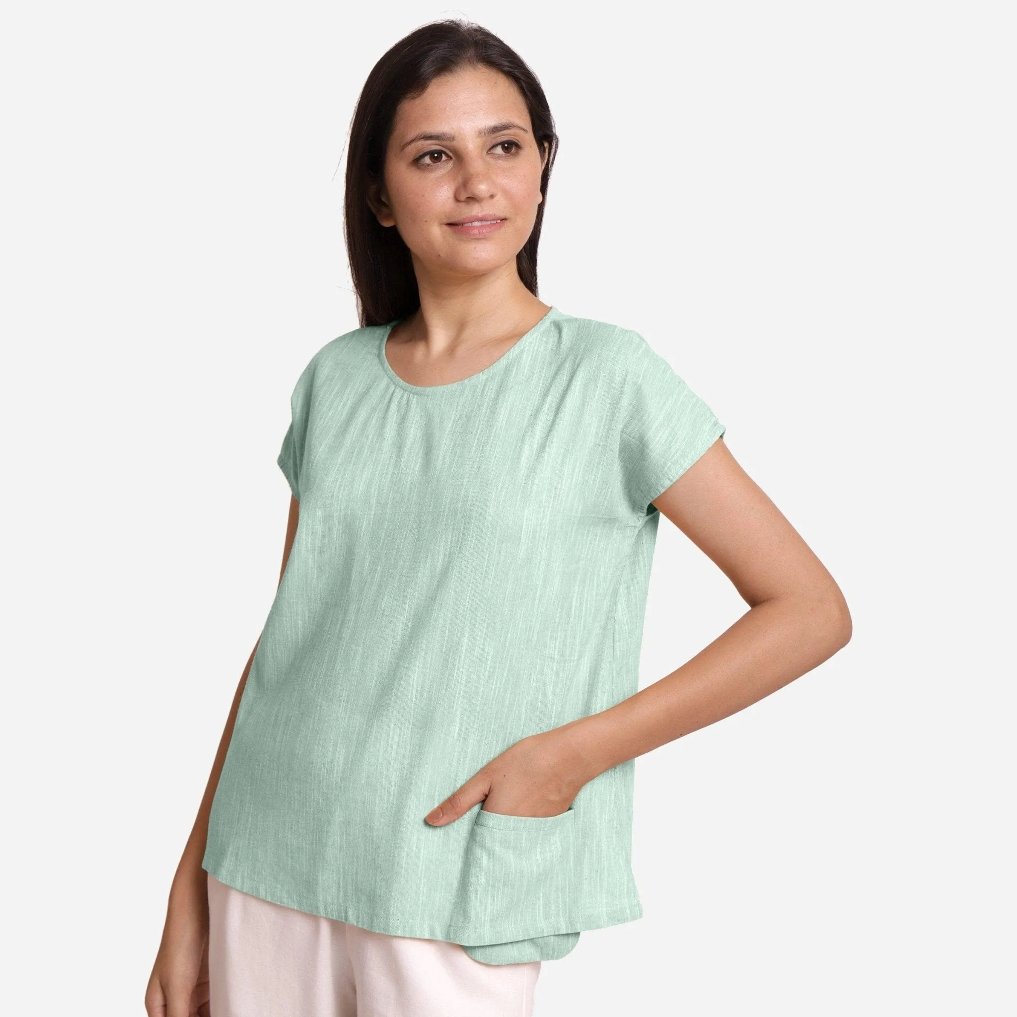 Aqua Yarn Dyed 100% Cotton Boat Neck Drop Shoulder Top