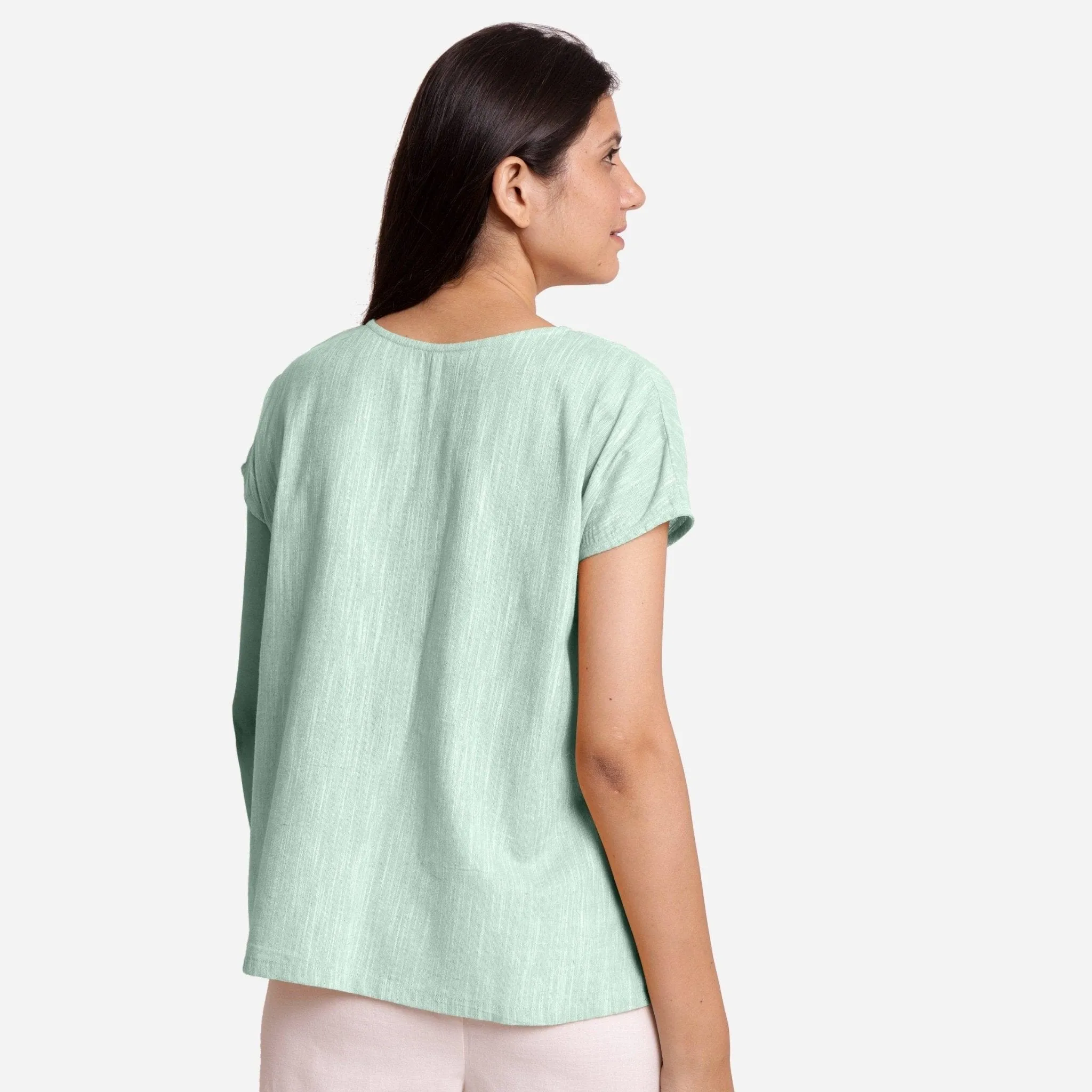 Aqua Yarn Dyed 100% Cotton Boat Neck Drop Shoulder Top