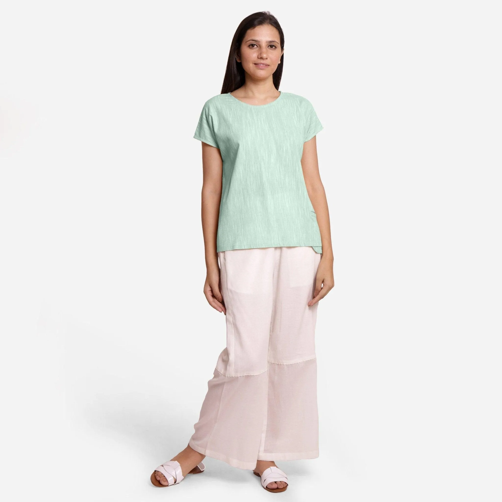 Aqua Yarn Dyed 100% Cotton Boat Neck Drop Shoulder Top