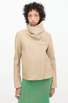 Beige Leather Asymmetrical High Collar Jacket