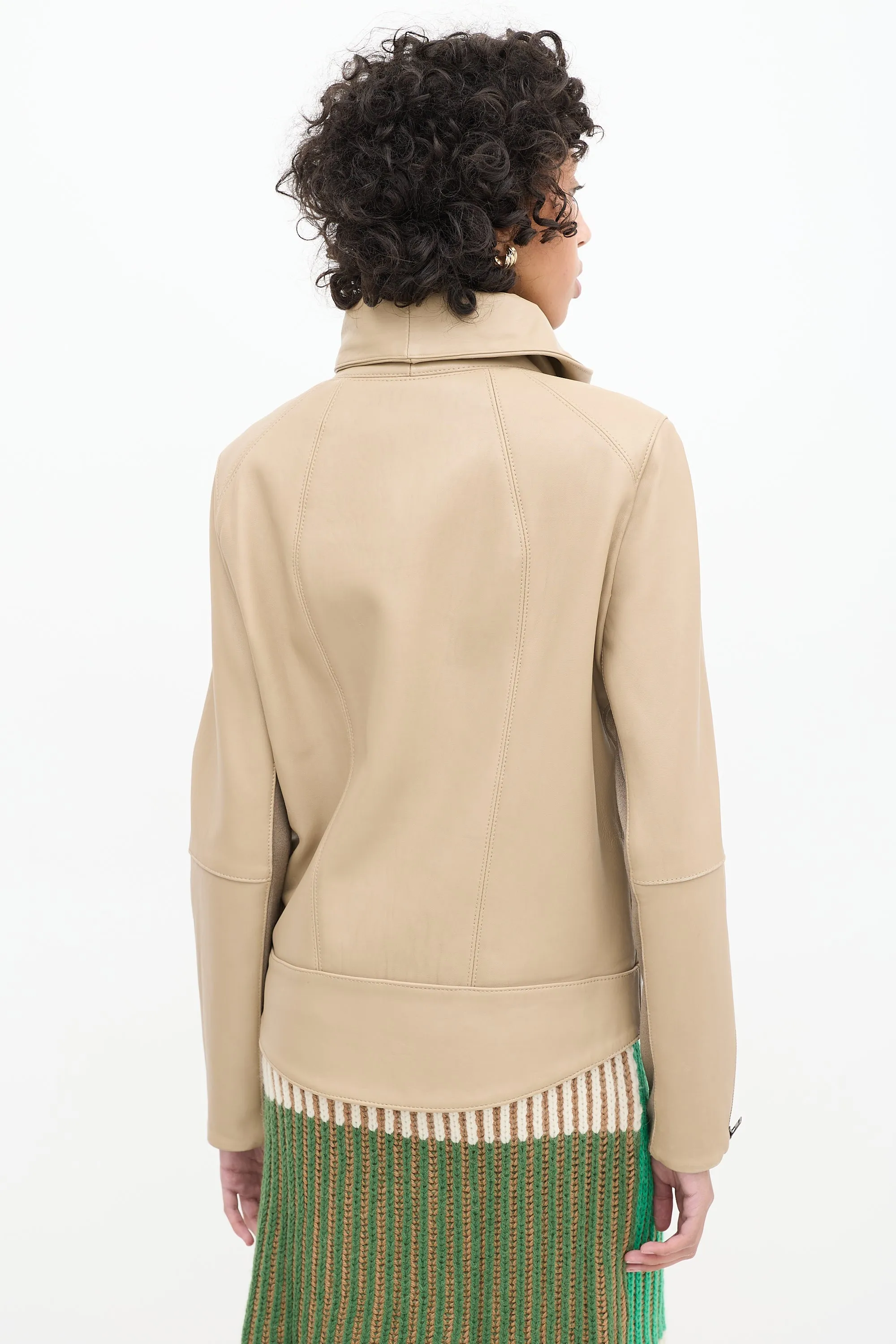 Beige Leather Asymmetrical High Collar Jacket