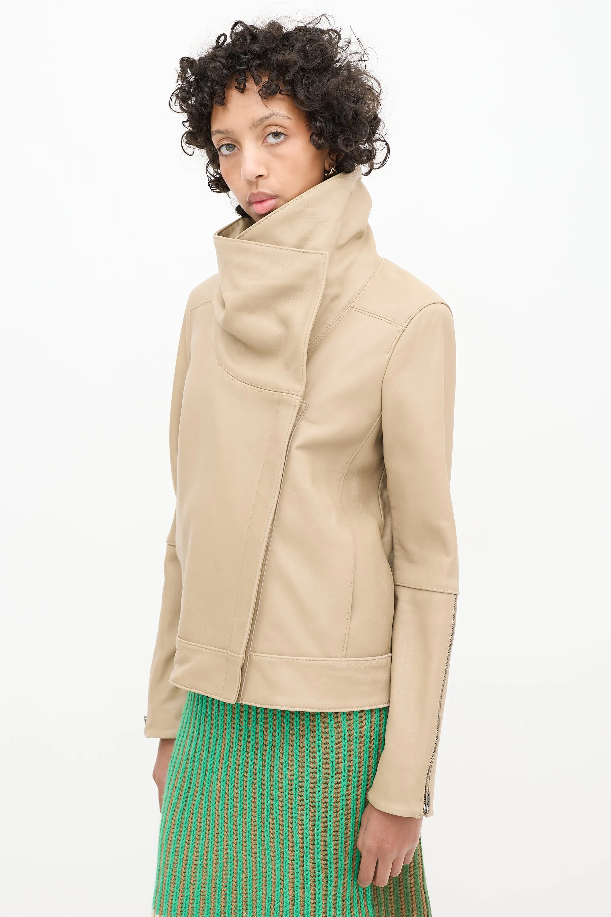 Beige Leather Asymmetrical High Collar Jacket
