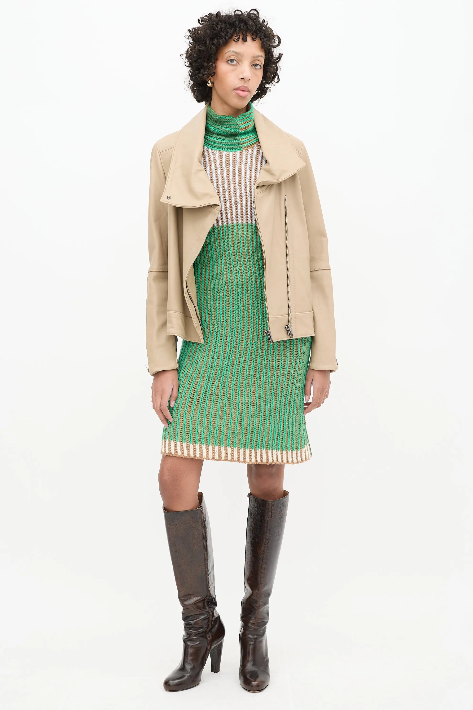 Beige Leather Asymmetrical High Collar Jacket