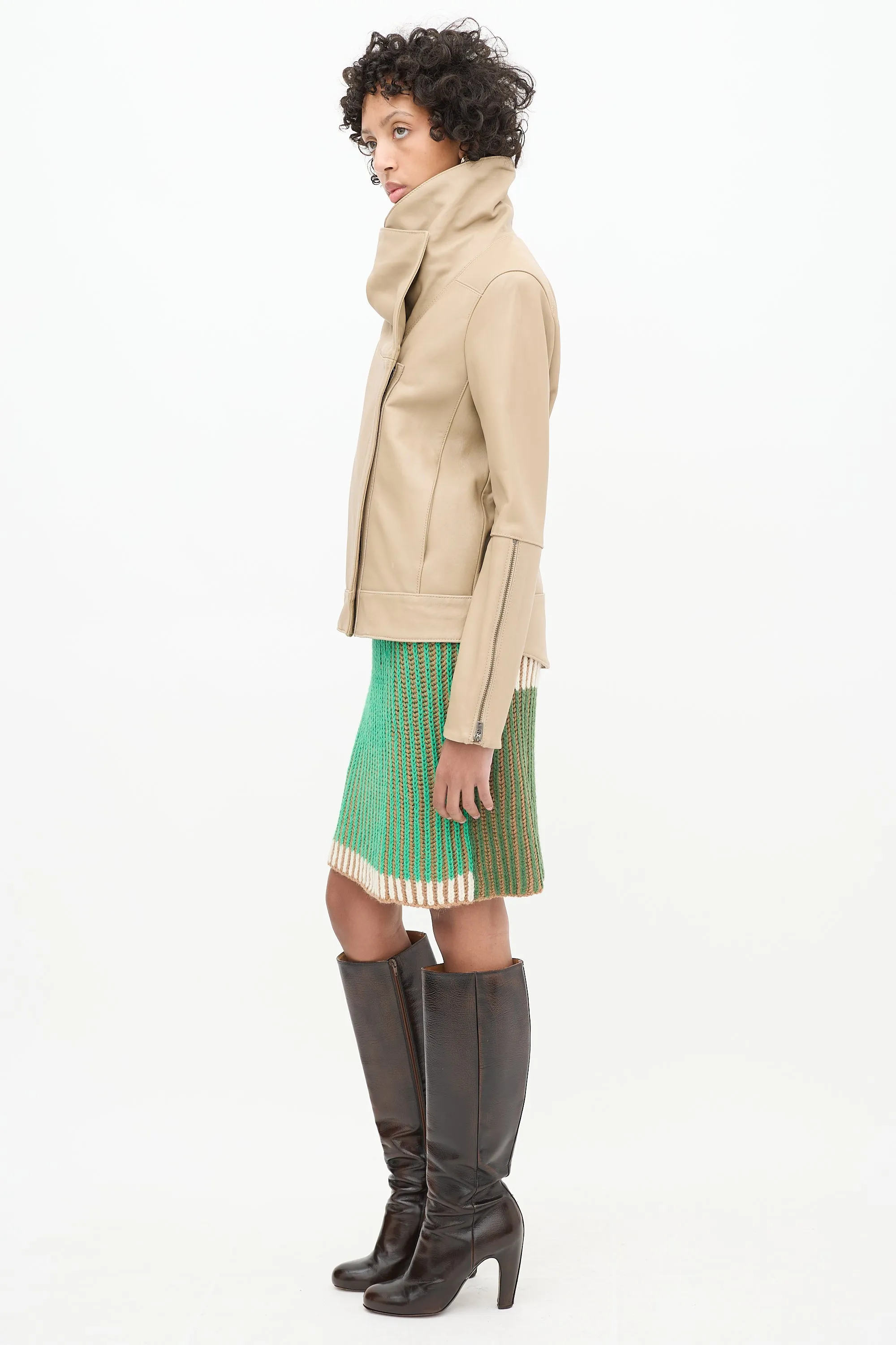 Beige Leather Asymmetrical High Collar Jacket