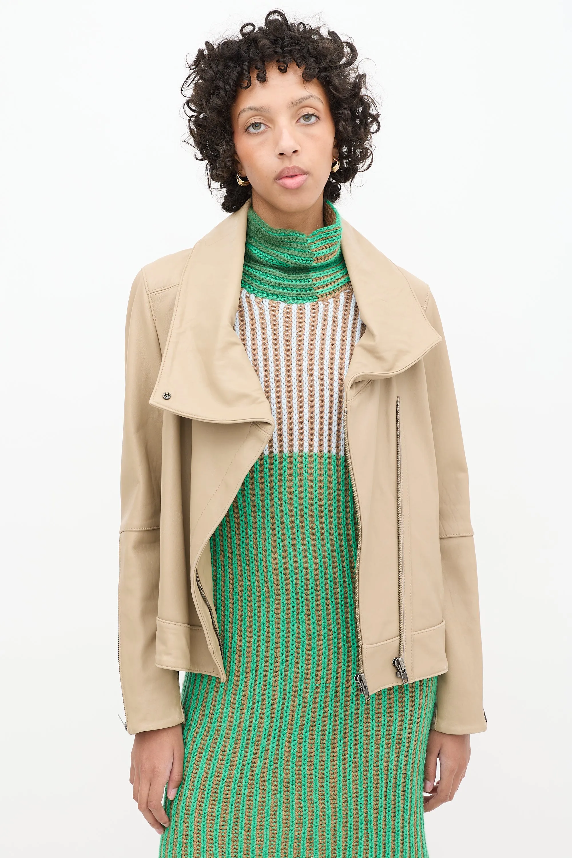 Beige Leather Asymmetrical High Collar Jacket
