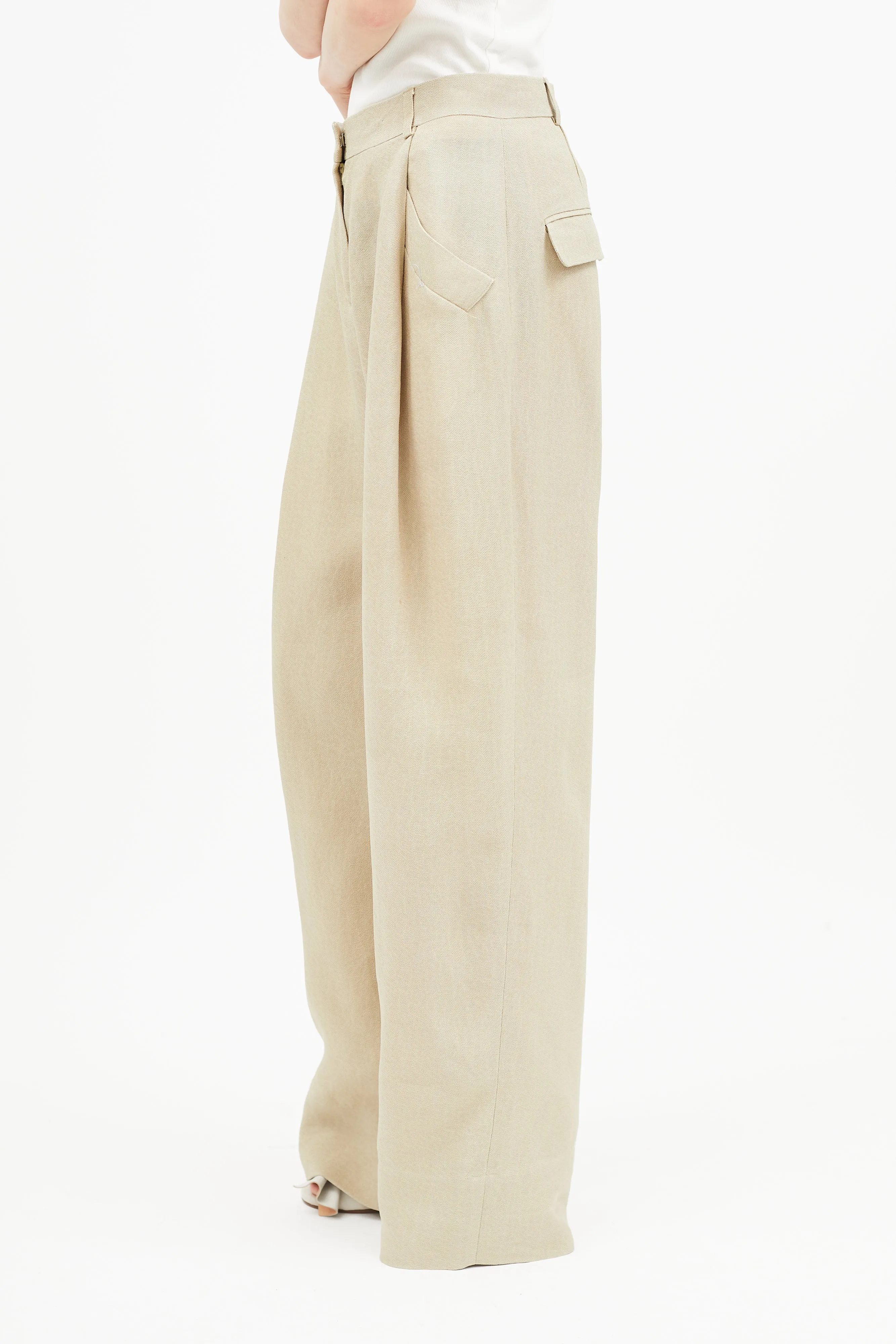 Beige Linen Wide Leg Trouser