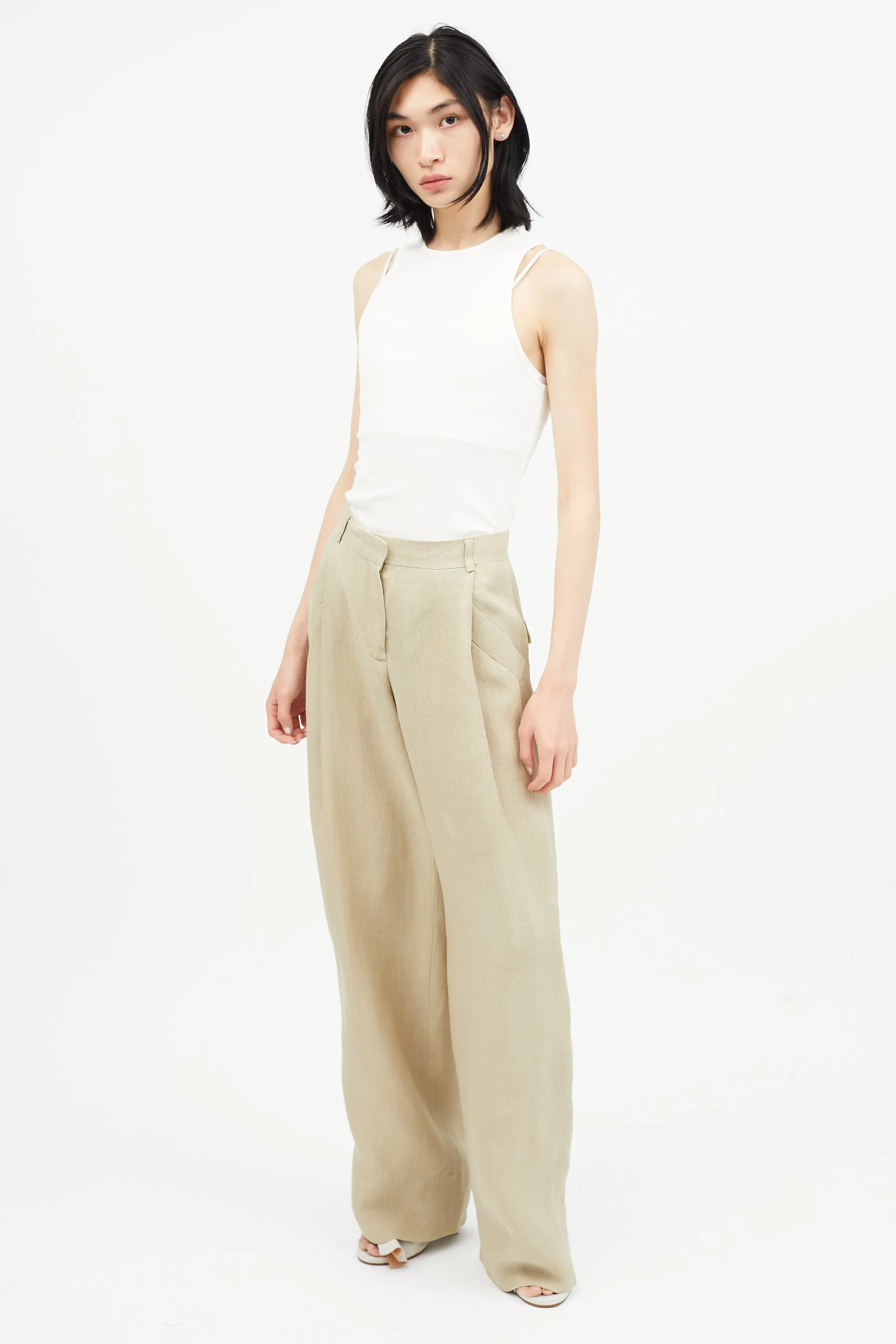 Beige Linen Wide Leg Trouser