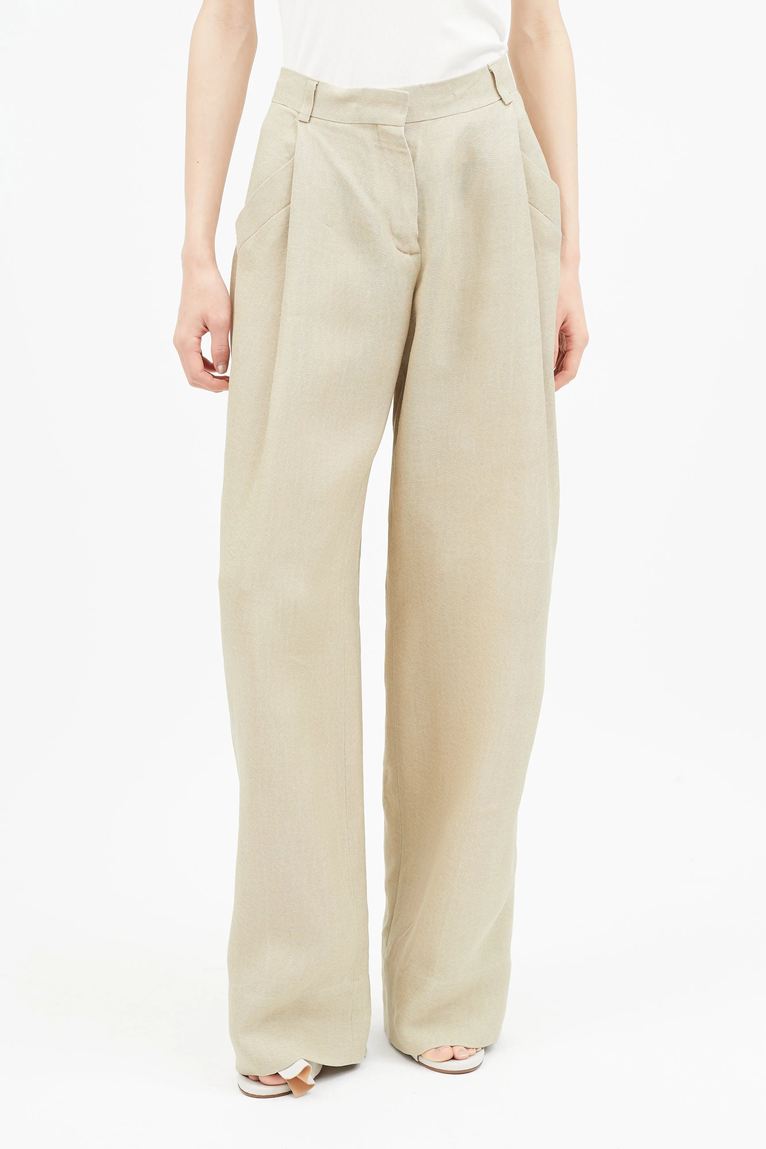 Beige Linen Wide Leg Trouser