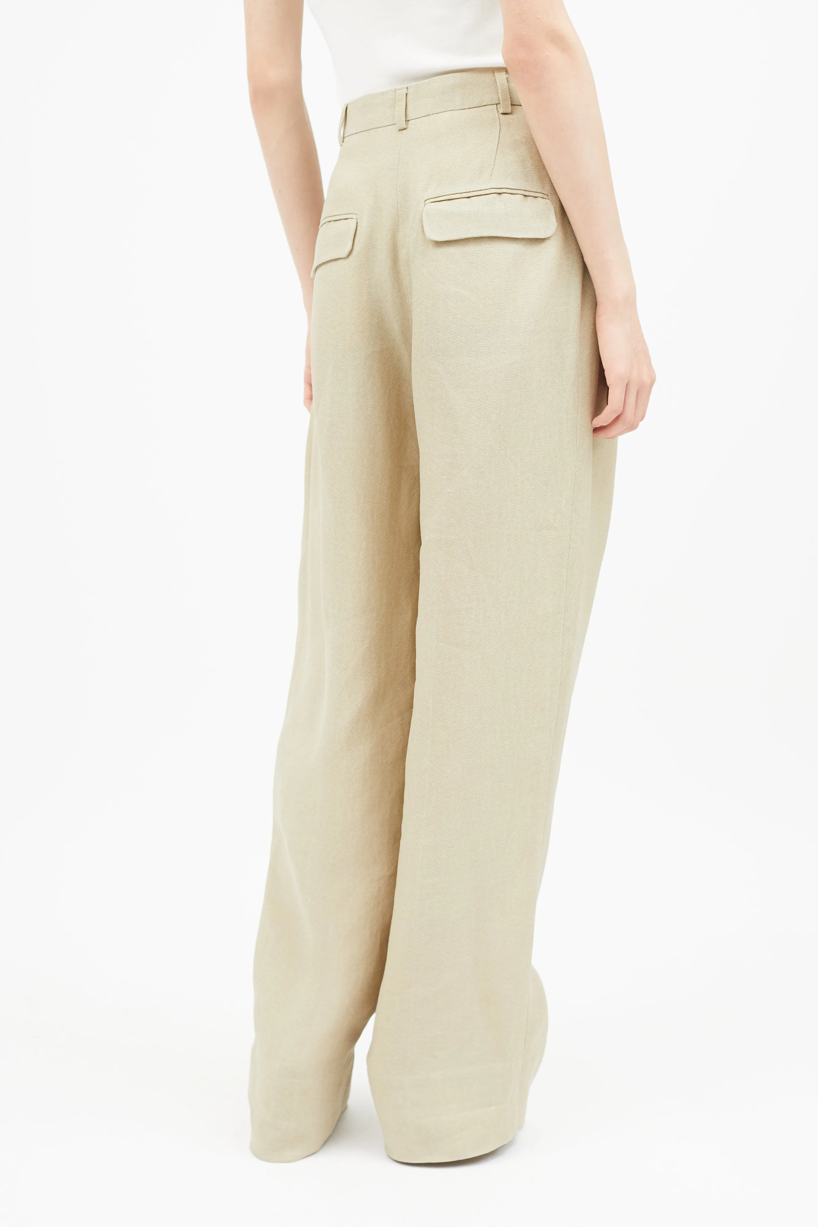 Beige Linen Wide Leg Trouser
