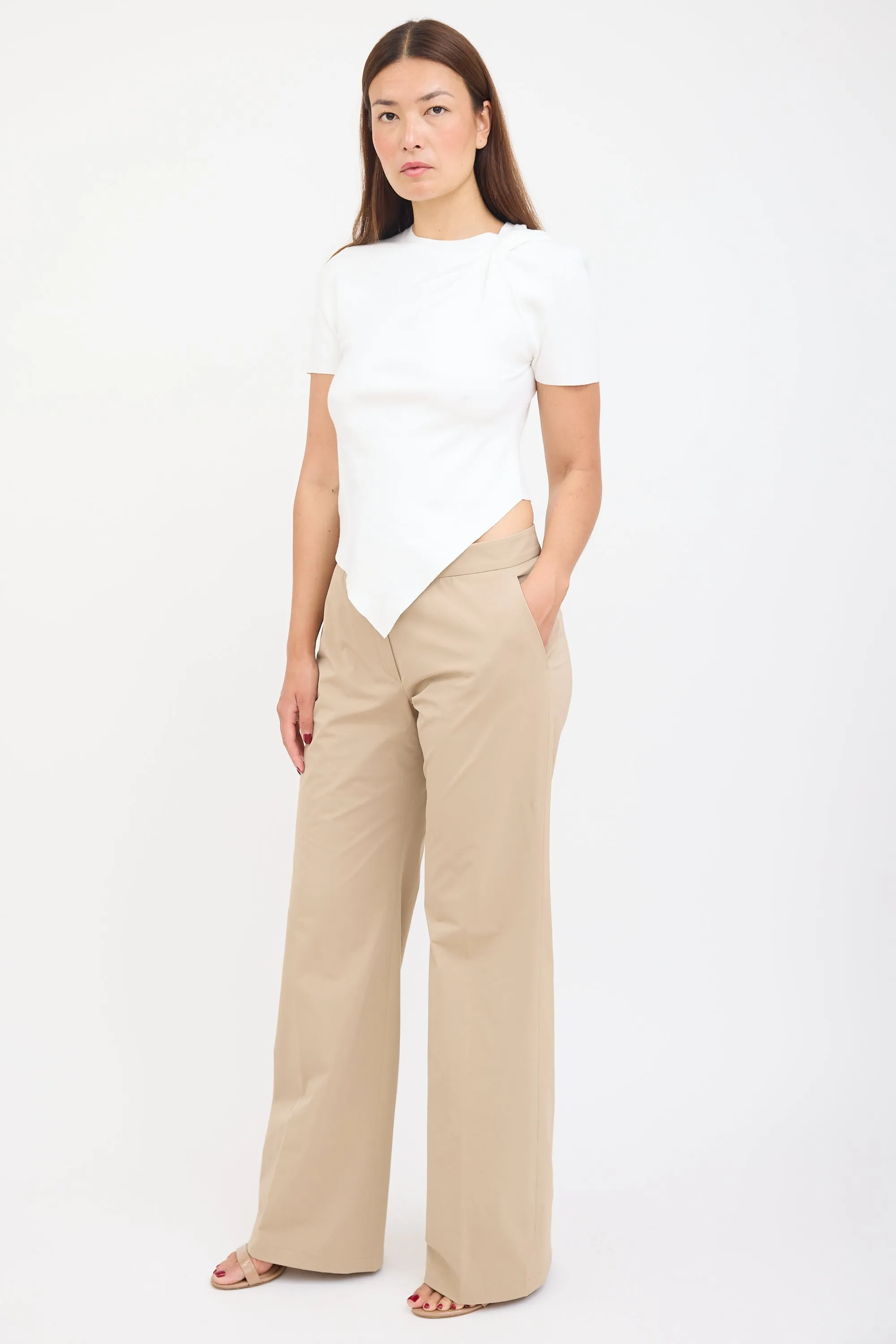 Beige Nylon Wide Leg Trouser