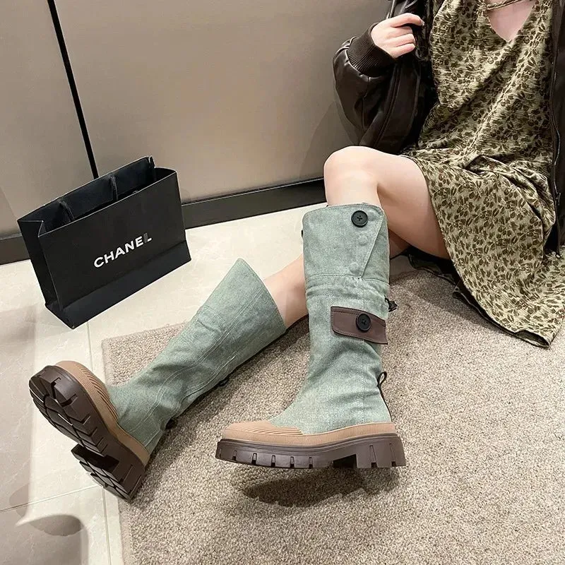 binfenxie  -  Women Mid-calf Heel Boots Women's Western Cowboy Cycling Boots Autumn Winter Non-slip Shoes Elastic Band Retro Denim Long Boots