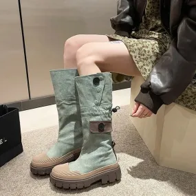 binfenxie  -  Women Mid-calf Heel Boots Women's Western Cowboy Cycling Boots Autumn Winter Non-slip Shoes Elastic Band Retro Denim Long Boots