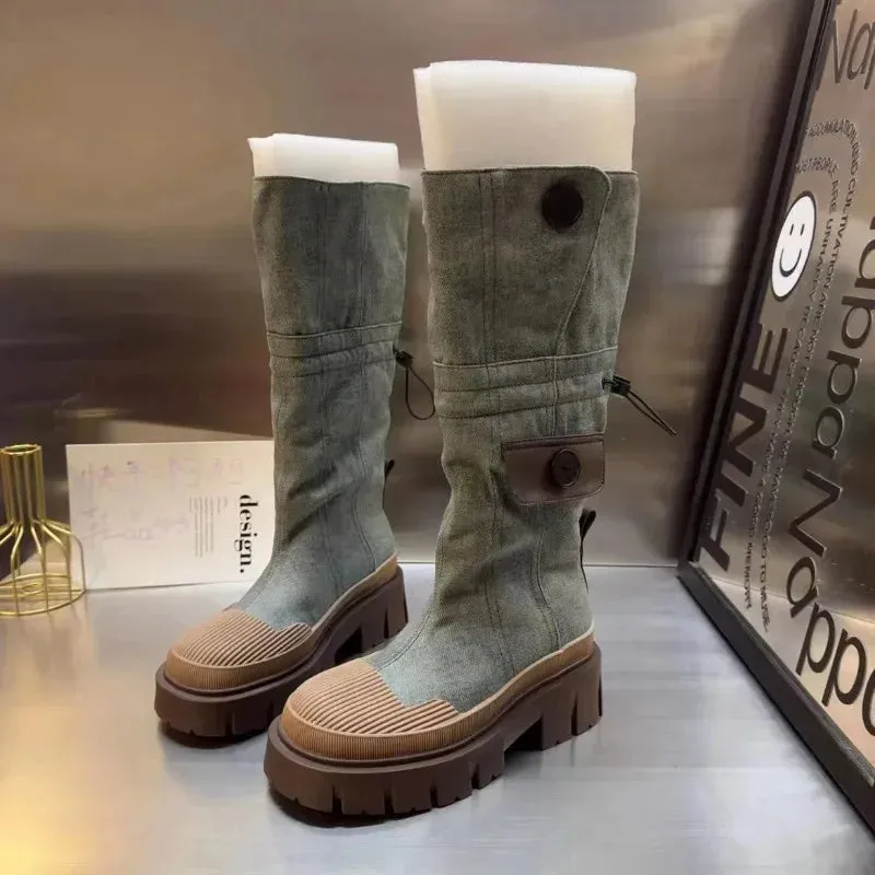 binfenxie  -  Women Mid-calf Heel Boots Women's Western Cowboy Cycling Boots Autumn Winter Non-slip Shoes Elastic Band Retro Denim Long Boots