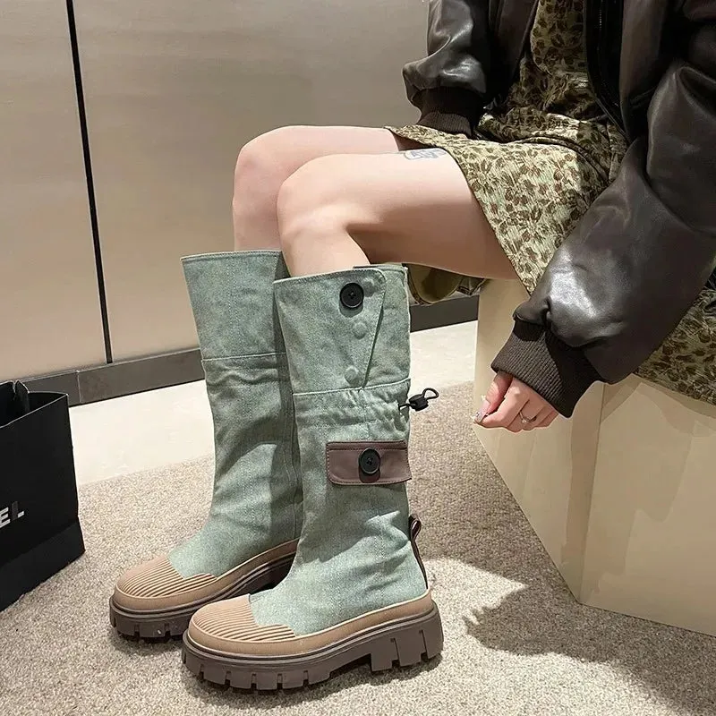 binfenxie  -  Women Mid-calf Heel Boots Women's Western Cowboy Cycling Boots Autumn Winter Non-slip Shoes Elastic Band Retro Denim Long Boots