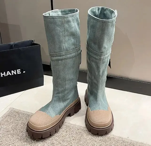 binfenxie  -  Women Mid-calf Heel Boots Women's Western Cowboy Cycling Boots Autumn Winter Non-slip Shoes Elastic Band Retro Denim Long Boots