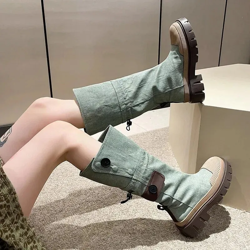 binfenxie  -  Women Mid-calf Heel Boots Women's Western Cowboy Cycling Boots Autumn Winter Non-slip Shoes Elastic Band Retro Denim Long Boots