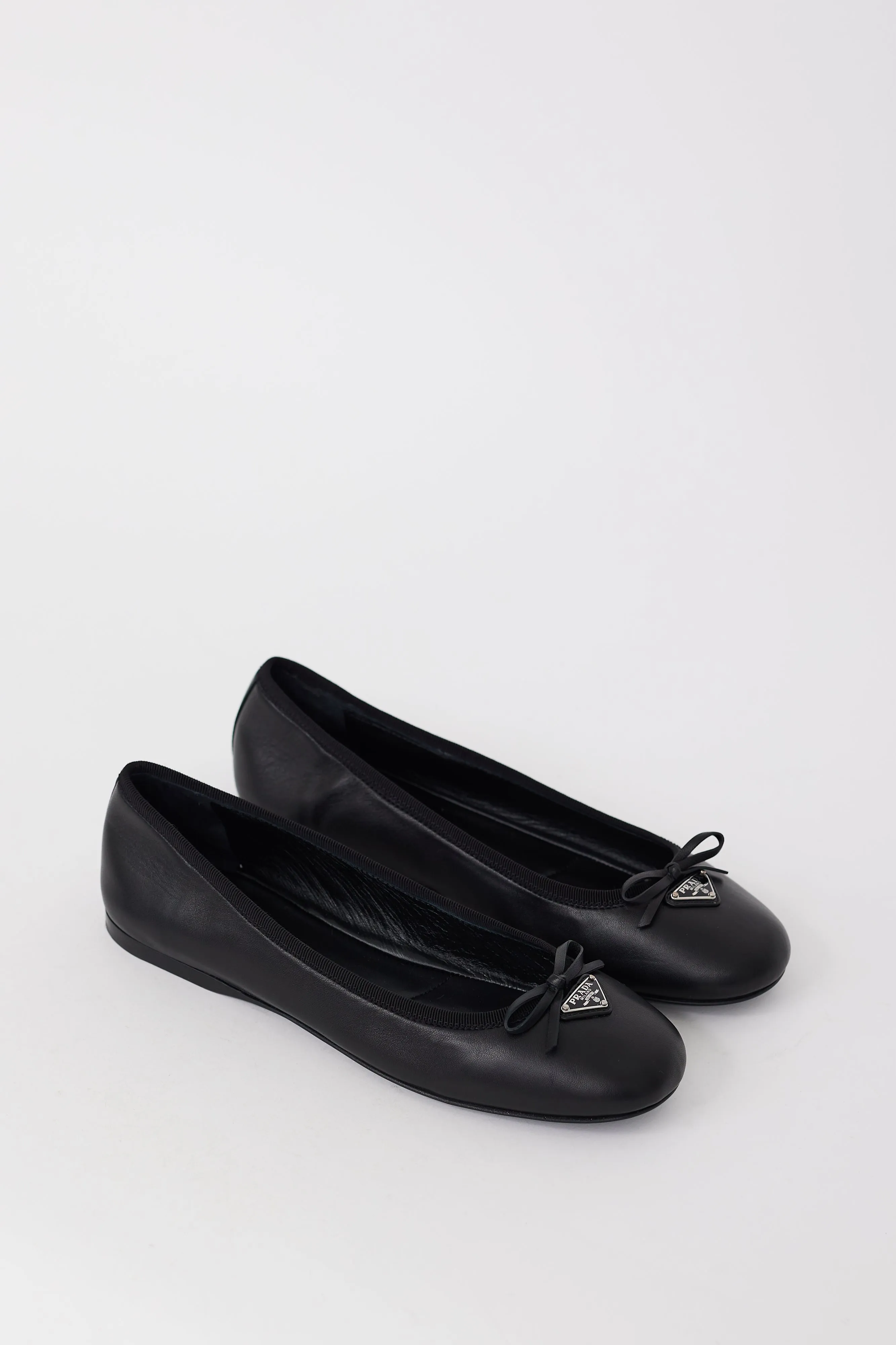 Black Leather Triangle Logo Bow Flat