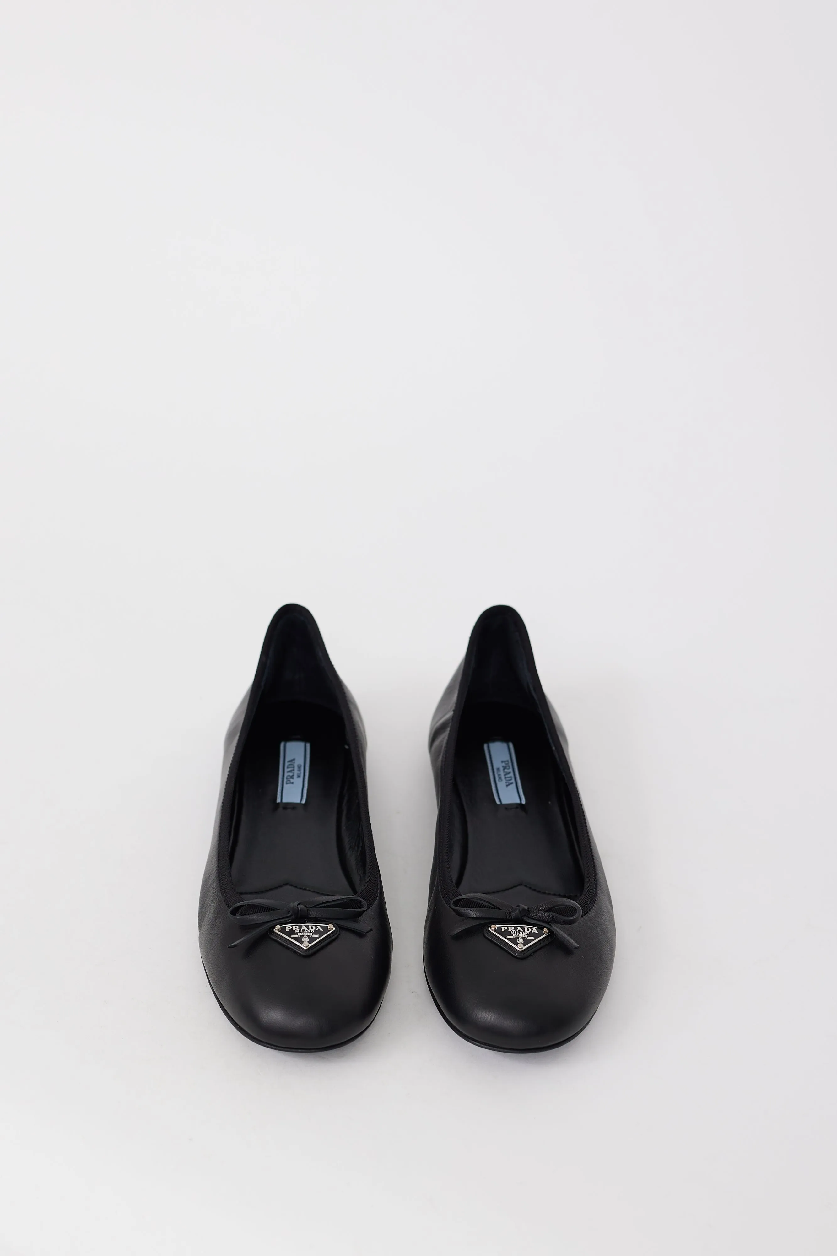 Black Leather Triangle Logo Bow Flat