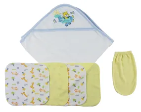 Blue Hooded Towel, Washcloths and Hand Washcloth Mitt - 6 pc Set
