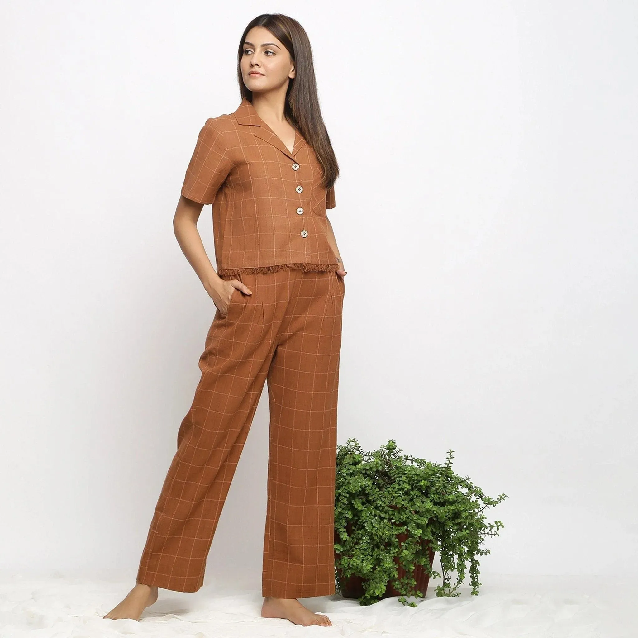Brown Checks Handspun Cotton Notched Collar Button-Down Shirt