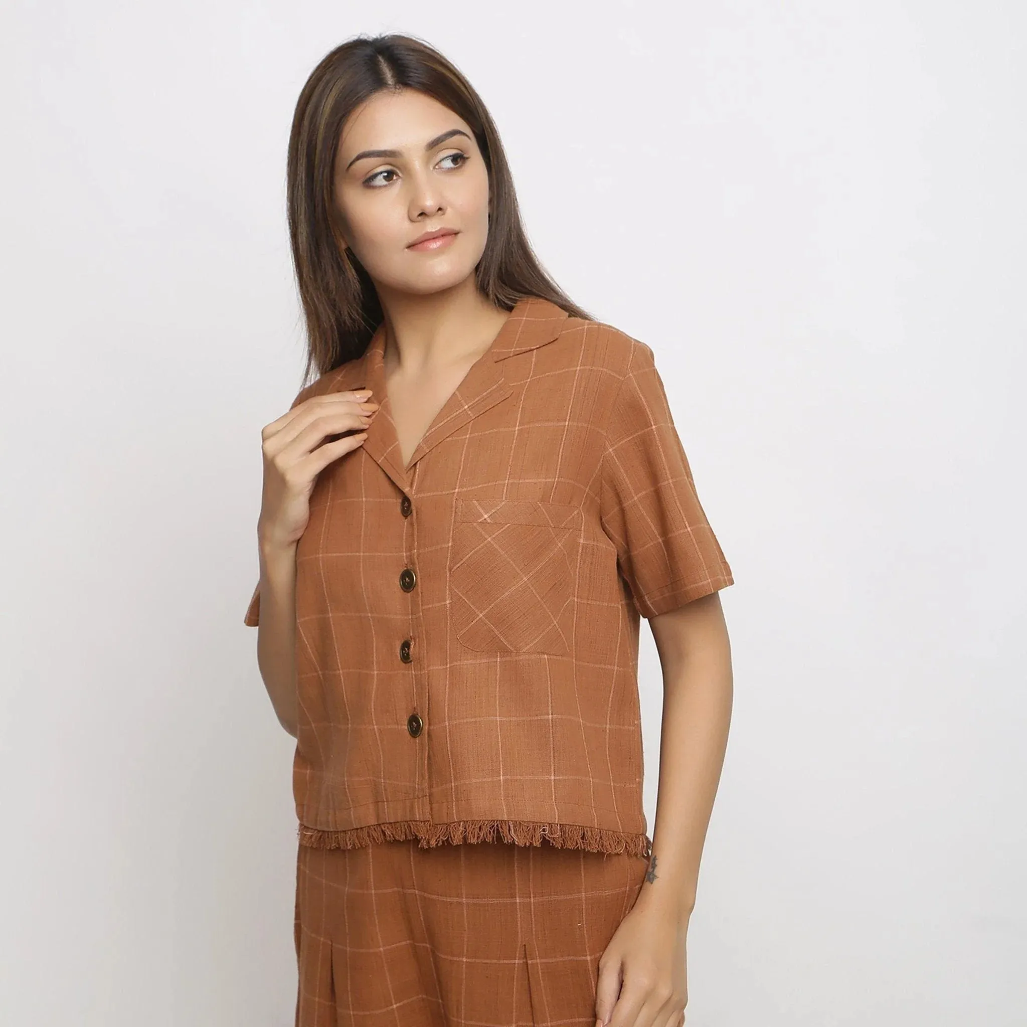 Brown Checks Handspun Cotton Notched Collar Button-Down Shirt