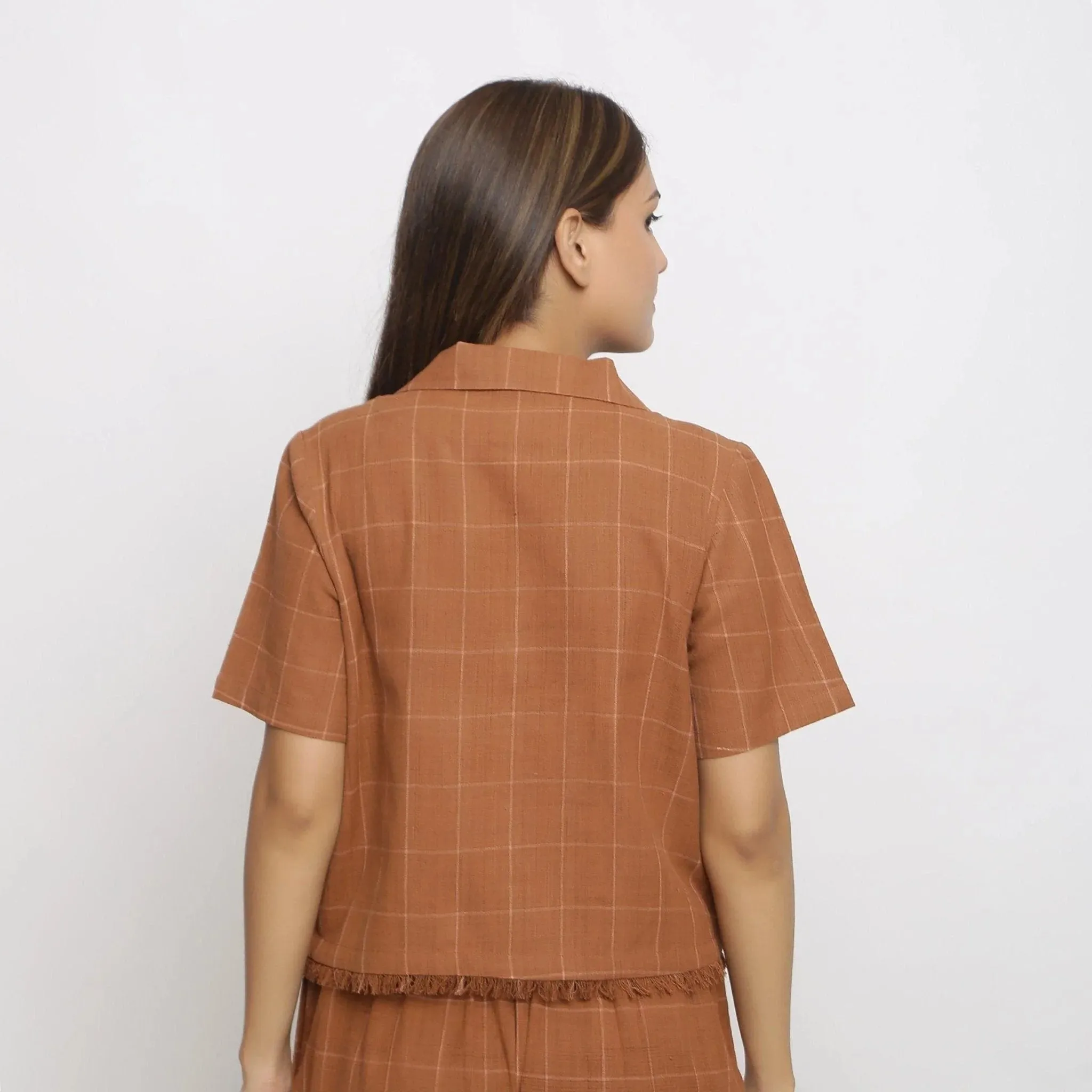 Brown Checks Handspun Cotton Notched Collar Button-Down Shirt