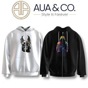 Bundle of 2 Men's Winter Zipper Hoodies – Black & White with Unique Graphic Prints | AUA&CO