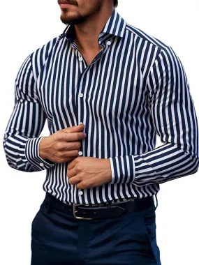 Business Navy Blue Striped Print Long Sleeve Shirt