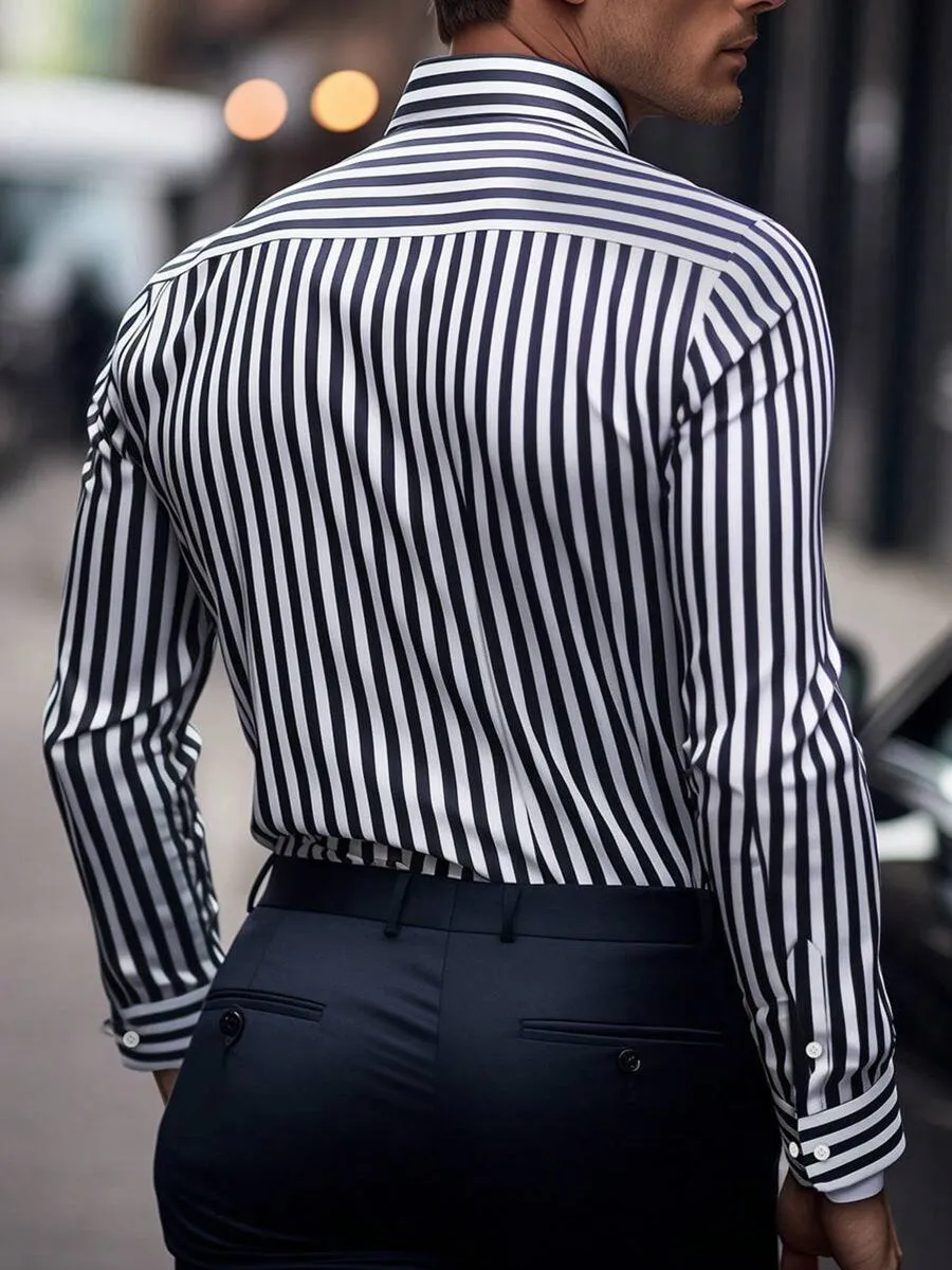 Business Navy Blue Striped Print Long Sleeve Shirt