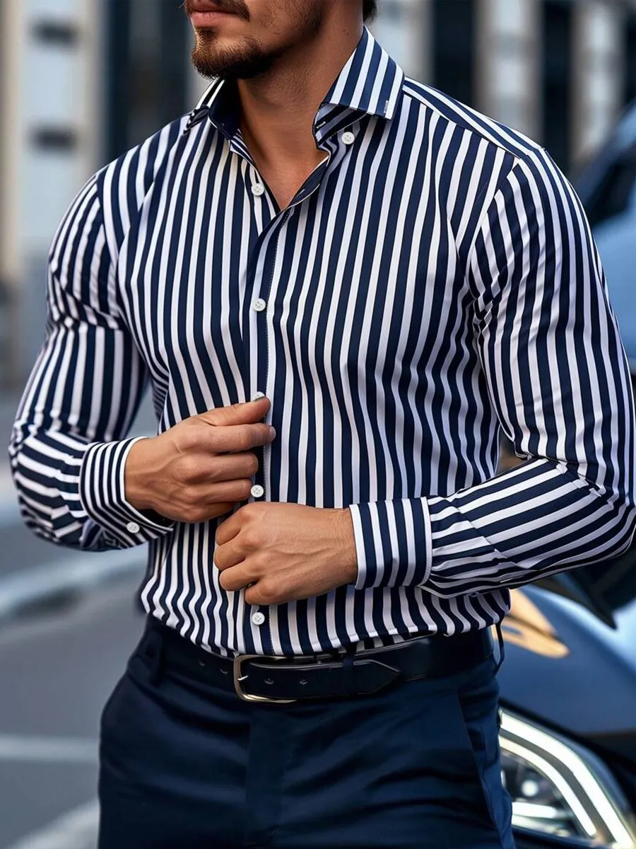 Business Navy Blue Striped Print Long Sleeve Shirt
