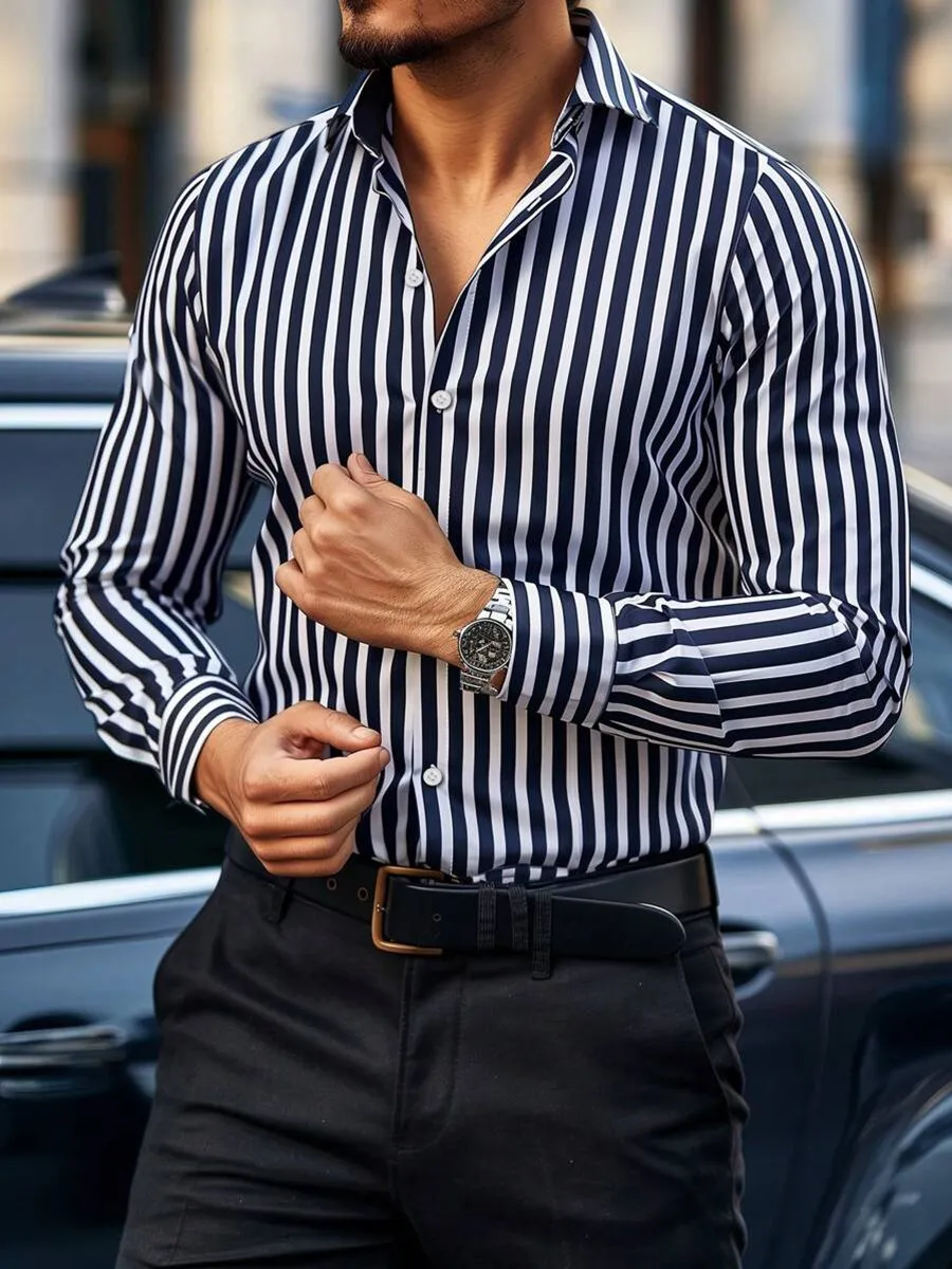 Business Navy Blue Striped Print Long Sleeve Shirt