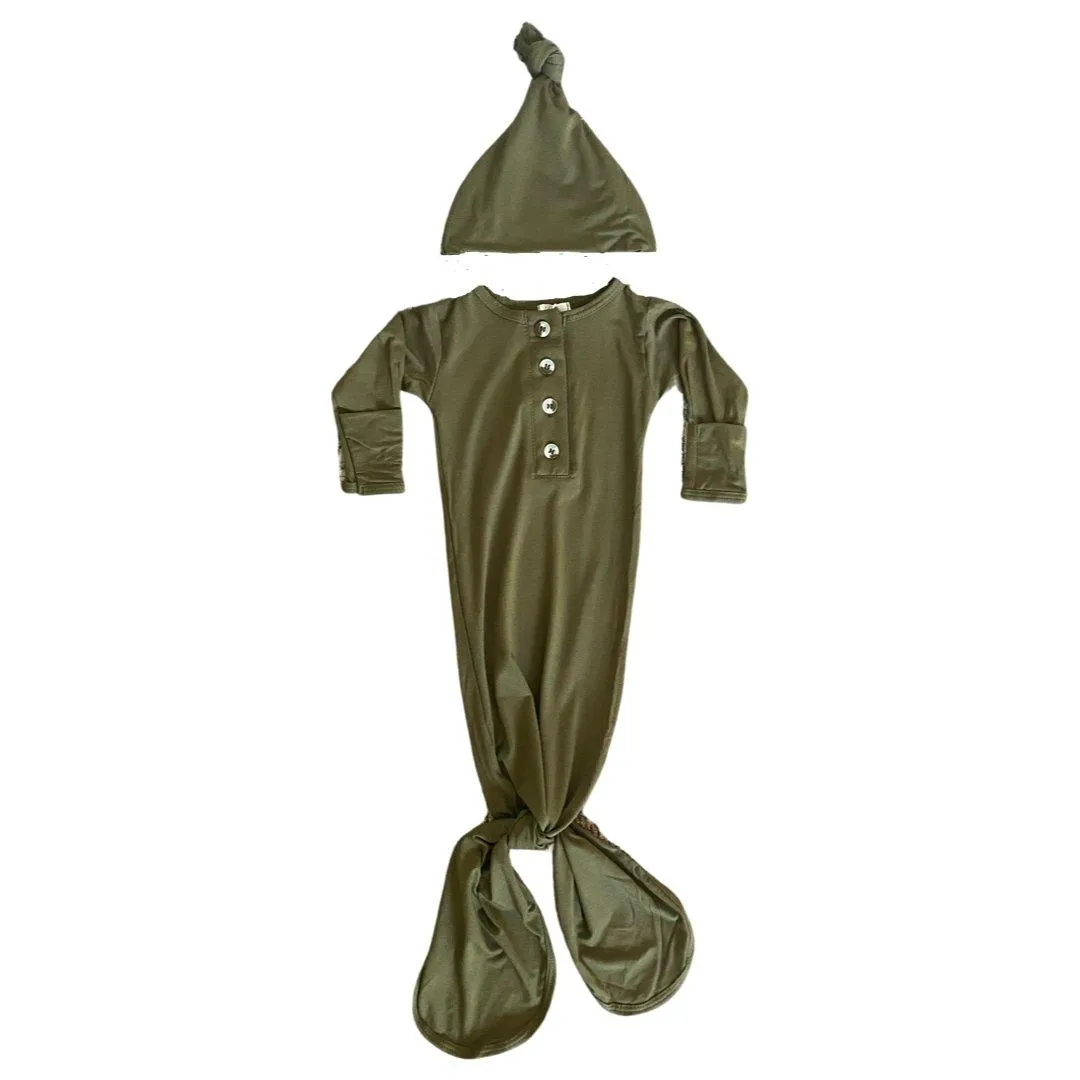 Button Knotted Gown & Hat Set - Army Green