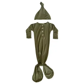 Button Knotted Gown & Hat Set - Army Green